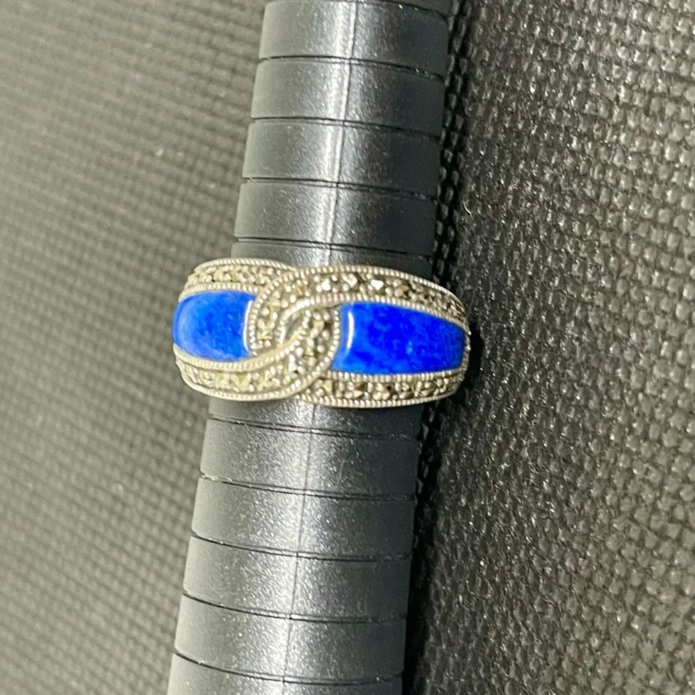 Rare Real Lapis Lazuli 925 Sterling Marcasite Heavy Weight Band Ring 8
